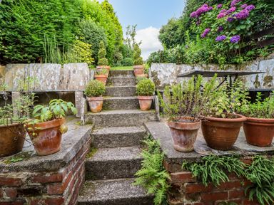 Stone steps with potted plants on both sides and a garden table with chairs in a garden at Preswylfa in Ffestiniog