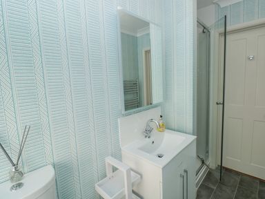 A bathroom with a sink vanity mirror shower door and a toilet at Upper Tremorvah in Dartmouth