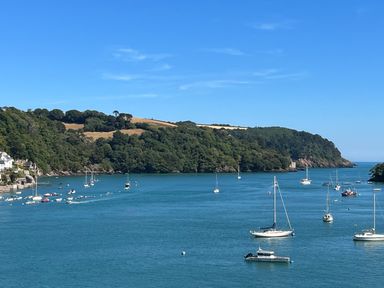 A body of water with multiple sailboats and motorboats near a forested coastline at Upper Tremorvah in Dartmouth