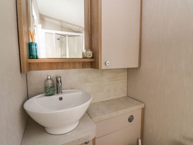 A bathroom sink with mirror cabinet and shower reflection at Owls Nest Newton on Derwent near Wilberfoss