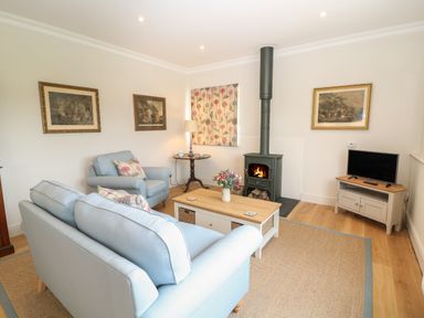 A living room with blue sofas a wood burning stove and a TV at Flagstone Cottage in Upper Swell near Stow-On-The-Wold