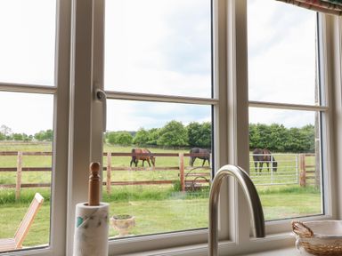 A kitchen sink and window looking out onto a field with three horses behind a wooden fence at Flagstone Cottage in Upper Swell near Stow-On-The-Wold