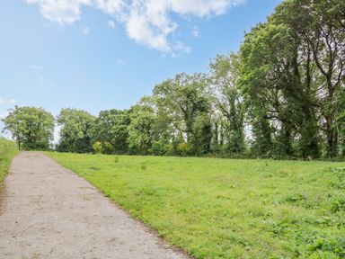 A dirt path next to a grassy field with a line of trees in the background at Derriens Farmhouse in Letterbreen County Fermanagh
