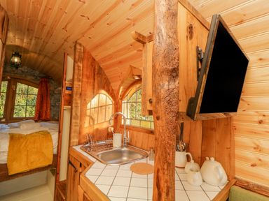 A small kitchen with a sink and utensils and a view of a bed area at The Wagon at Burrow Hill in Ottery St Mary