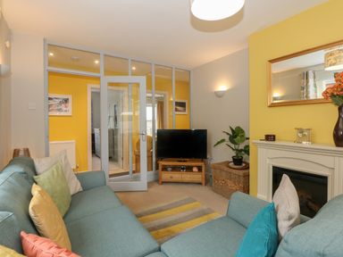 A living room with blue sofas, a TV on a wooden stand, a fireplace, and a glass door at The Lobster Pot in Overstrand