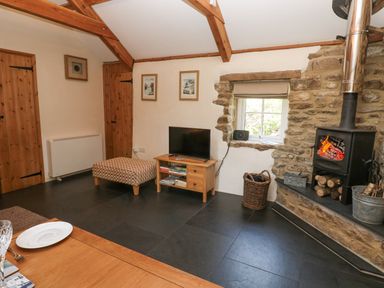 A living room with a wood-burning stove television and wooden furniture at Godolphin Barn in Ashton near Rosudgeon