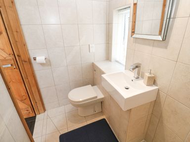 A bathroom with a toilet sink mirror window and wooden door at Godolphin Barn in Ashton near Rosudgeon