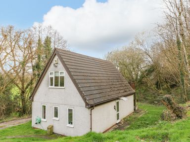 A detached house with a sloped roof and multiple windows surrounded by trees and grass at Hideaway Cottage St Ann's Chapel Cornwall