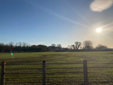 A green field with tire tracks and trees in the background under a clear sky at Tirallen in Llangadog