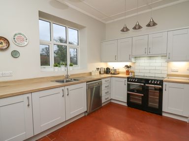 A kitchen with white cabinets a double sink a dishwasher a black stove and utensils at Tirallen in Llangadog