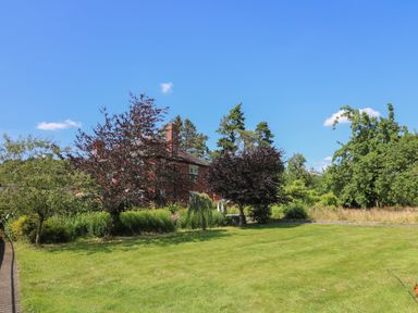 A grassy garden with trees and a red brick house behind at Tirallen in Llangadog