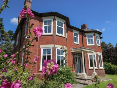 A two-story brick house with white framed windows and a porch surrounded by pink flowers at Tirallen in Llangadog
