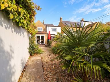 A garden with a palm tree and patio area at Mallards in Bourton-On-The-Water