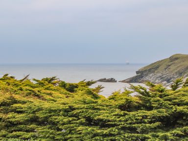 A coastal view with green shrubs in the foreground rocky cliffs on the right and a ship in the distance at Porth Beach in Porth near St Columb Minor