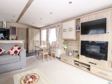 A living room with a sofa and dining table near a TV and electric fireplace at Freddy's Lodge Foxburrow Hang in Fritton