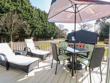 An outdoor deck with two lounge chairs a glass table with four chairs and an umbrella at Freddy's Lodge Foxburrow Hang in Fritton