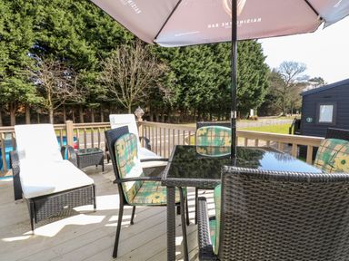 An outdoor patio with a table and chairs under an umbrella and two lounge chairs on a wooden deck with trees in the background at Freddy's Lodge Foxburrow Hang in Fritton