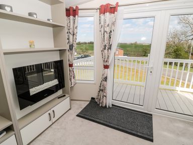 A room with glass doors leading to a balcony with railings shelves with decorative items and a fireplace at Moonlight Lodge in Bockenfield Country Holiday Park near West Thirston