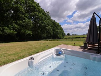 An outdoor hot tub on a patio next to a lawn with trees and a cloudy sky at Quantock Barn in Stockland near Honiton