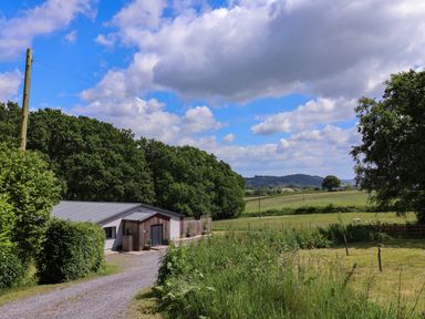 A metal roofed building next to a gravel road with a grassy field and trees under a blue sky at Quantock Barn in Stockland near Honiton