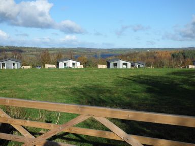 A grassy field with wooden fence and small grey cabins in the background surrounded by trees at Meadow Lodge in Lifton