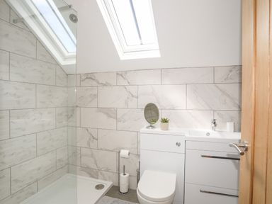 A bathroom with a shower tray toilet vanity unit and skylight at The Stables in Penmon near Beaumaris