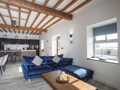 An open plan living room and kitchen with blue sofa and wooden beams on ceiling at The Stables in Penmon near Beaumaris