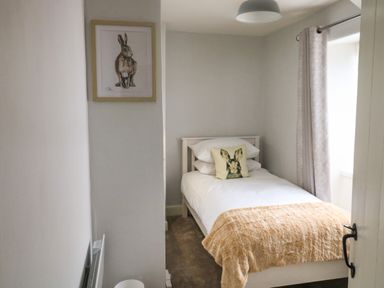 A small bedroom with a single bed a pillow with a rabbit print a beige throw blanket a framed rabbit picture on the wall and a window with curtains at Hope Cottage in Buckfastleigh