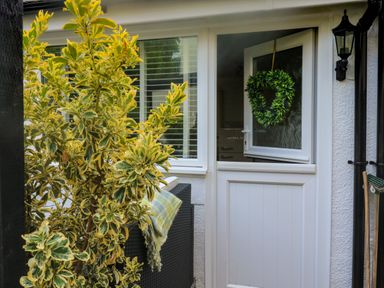 A white half door with a heart-shaped wreath hanging on the upper window next to a variegated plant and a black outdoor lamp at Hope Cottage in Buckfastleigh