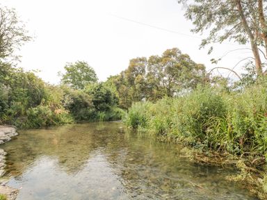 A shallow river with clear water surrounded by dense green bushes and trees at Garland in Nottington near Weymouth