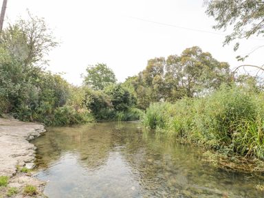 A shallow clear stream with vegetation and trees on both sides at Mellstock in Nottington near Weymouth