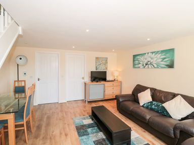 A living room with a brown sofa and cushions a wooden coffee table a wooden cabinet with a television and lamp a glass dining table with wooden chairs and paintings on the walls at Emminster in Nottington near Weymouth