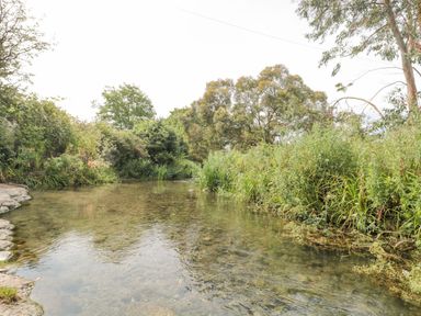 A shallow clear river surrounded by green bushes and trees at Emminster in Nottington near Weymouth
