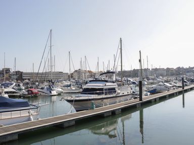 A marina with multiple boats and yachts docked next to wooden piers with buildings in the background at Emminster in Nottington near Weymouth