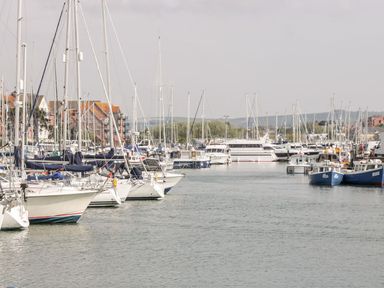 A marina with multiple sailboats and motorboats docked in the water near buildings and hills at Emminster in Nottington near Weymouth