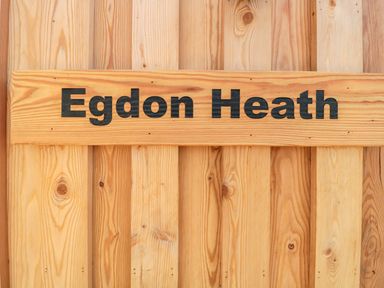 A wooden sign with the text Egdon Heath on a wooden background at Egdon Heath in Nottington near Weymouth