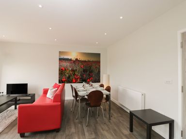 A living room with a red sofa dining table with six chairs and a large flower field photo on the wall at Egdon Heath in Nottington near Weymouth
