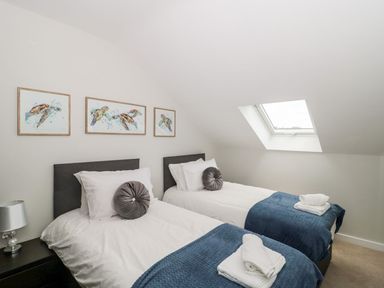 A bedroom with two single beds blue blankets and turtle artwork at Egdon Heath in Nottington near Weymouth