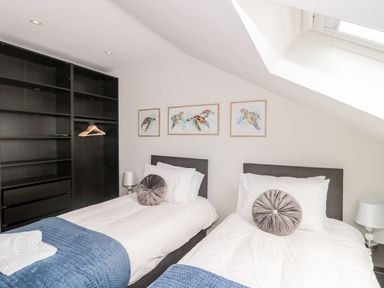 A bedroom with two single beds blue blankets circular pillows black shelving unit and skylight window at Egdon Heath in Nottington near Weymouth