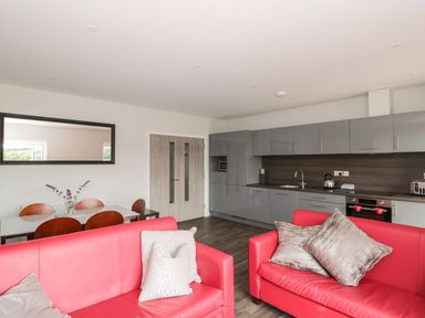 A living area with red sofas and gray kitchen cabinets at Lulstead in Nottington near Weymouth