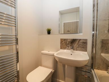 A bathroom with a toilet sink mirror and towel heater at Lulstead in Nottington near Weymouth