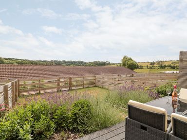 A garden with a wooden fence and outdoor dining table with chairs and wine glasses at Lulstead in Nottington near Weymouth
