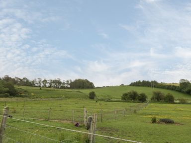 A fenced grassy field with hills and trees under a partly cloudy sky at Lulstead in Nottington near Weymouth