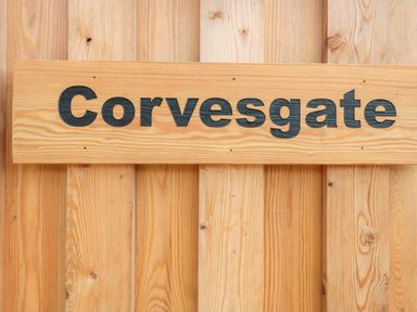 A wooden sign with the word Corvesgate on wooden planks at Corvesgate in Nottington near Weymouth