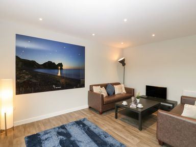 A living room with two brown sofas a black coffee table a floor lamp and a large wall photograph at Dirdale in Weymouth