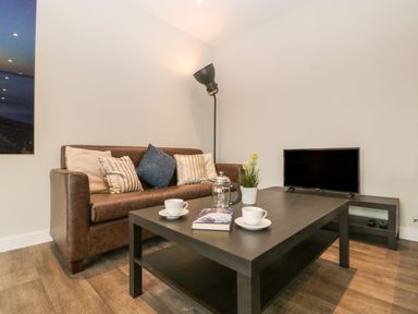 A living room with a brown sofa with pillows a black coffee table with cups a book a plant and a French press a floor lamp and a TV on a stand at Dirdale in Weymouth
