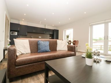 A living room with a brown leather sofa with cushions a black coffee table with a plant and cups a kitchen with black cabinets and a microwave and a dining table near windows at Dirdale in Weymouth