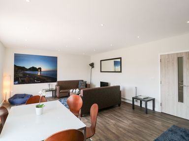 A living room with brown sofas a dining table with chairs and artwork on the wall at Dirdale in Weymouth