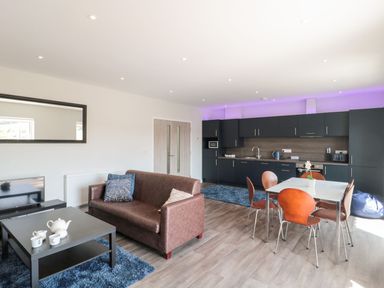 A living area with a brown sofa, black coffee table with tea set, dining table with orange chairs, and a kitchen with black cabinets at Dirdale in Weymouth