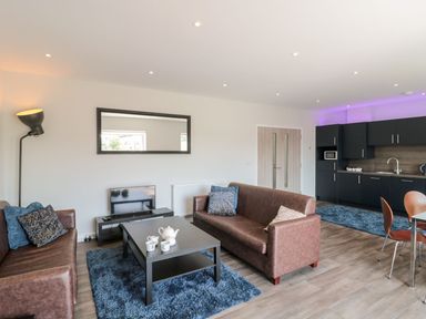 A living room with two brown sofas a black coffee table a floor lamp and a kitchen with black cabinets at Dirdale in Weymouth
